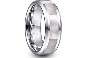 Vakki Anillos de carburo de tungsteno de 8 mm de plata con nácar blanco/concha de abulón, para hombre y mujer, anillo de pareja, talla 52 a 72 (16,6 – 22,9)
