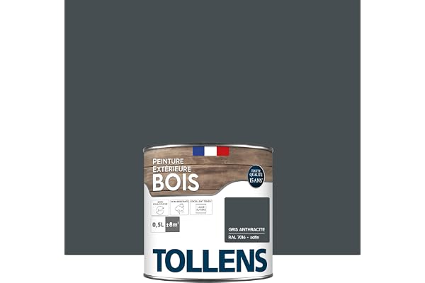 Tollens - Peinture extérieure bois 2 en 1 - Ultra Résistante - Finition Satin - Laque Riche en Résine - Pour Toute Boiserie Extérieure - Sans Sous-Couche - Gris Anthracite - 0,5L = 8m2