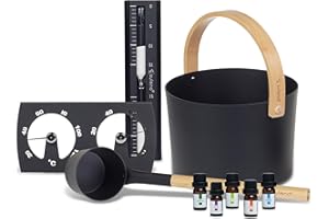 SULENO -Saunazubehör-Set KJELL 9-teilig | inklusive Aluminium-Aufgusskübel & Schöpfkelle mit Bambusgriff, Sauna-Thermometer & Hygrometer, Sanduhr & 5 Saunaöle