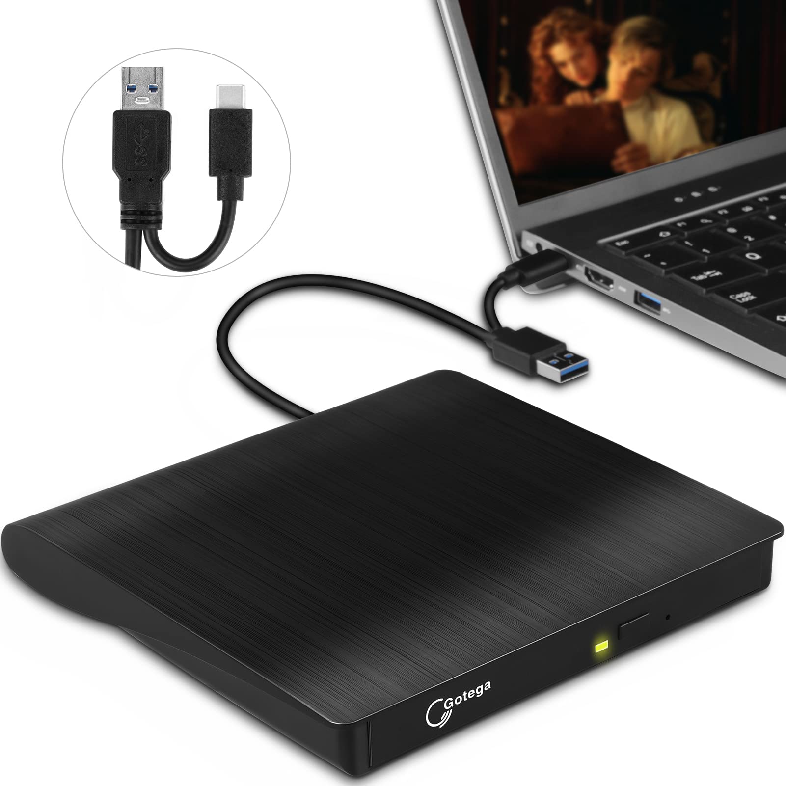 Gotega External DVD Drive USB 3.0 Type C Portable CD/DVD Player for Laptop - CD/DVD ROM Burner Reader Compatible With Desktop PC Windows Linux OS Apple Mac