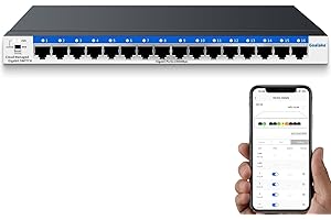 GOALAKE 16-Port Gigabit Switch,Easy Smart Managed,Plug & Play,Desktop/Wall-Mount,Sturdy Metal,Home Network Hub,Office Ethernet Splitter,Silent Operation,Support QoS,Vlan,DHCP,Web Interface/Phone App Monitor