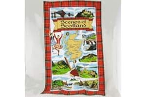 ELGATE Scotland Tea Towel Scottish Scenes Map Souvenir Gift Landmarks Tartan Collage