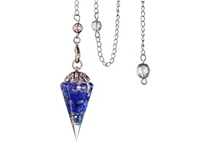 Jovivi Vintage Pendolo Esoterico in Chakra Pietra Naturale, Pendolo Radioestesia in Cristallo di Roca per Divinazione Cristalloterapia, Pendolino Cone in Resina con Gemme Preziose Catenina Strega