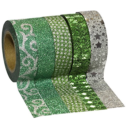 5 Rollen Washi Tape (je 10m) - Glitzer Dekroband von Washati® (grün-silber glitzer)