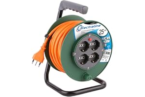 Electraline 49108 Przedłużacz elektryczny 25 mt z nawijaczem kablowym, 4 gniazda wielofunkcyjne (Schuko + 10/16A), duża wtyczka 16 A, z zabezpieczeniem przekroju kabla 3G1 mm², zielono-pomarańczowy