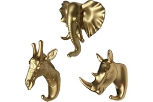 MYRU Set of 3 Elephant Head Giraffe Head and Rhino Head Wall Hooks/Hangers Animal Shaped Coat Hat Hooks (Gold)