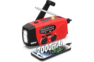 Esky Wind Up Radio, Survival Hand Crank Solar Radio AM/FM Emergency Weather Radio, 2000mAh Rechargeable USB Phone Charger, SOS Alarm, LED Bright Flashlight, for Household and Outdoor Camping, Hiking