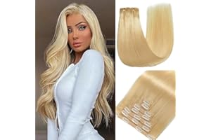 GUDOZO Extension Capelli Veri Clip 7pcs 55cm 120g Biondo Chiaro Extension Clip Capelli Veri Clip In Extension Extension Clip Capelli Veri(22inch,613#)