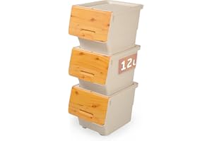 Parpalinam 3x12L Set Aufbewahrungsbox mit Deckel und Rollen, stapelbare Aufbewahrungsboxen, hochwertige Kartoffel Ordnungsboxen, BPA-freier und lebensmittelechter Organizer (Bambus/Beige)