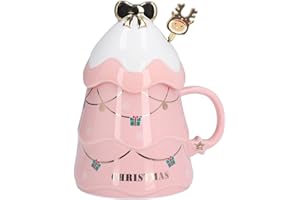 SERLIUM Tazza Natalizia di Grande Capacità da 500 Ml Tazza da Tè in Ceramica Tazza da Caffè con Coperchio Cucchiaio Per Regali di Vacanze di Natale(Rosa)