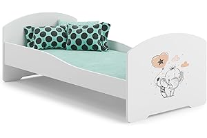KOBI Letto per bambini con materasso LUK, bianco | per la cameretta dei bambini | per un ragazzo e una ragazza | materasso, rete inclusa | (Elefante, 160x80)