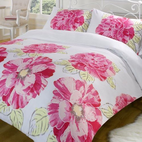 Nikita Pink &amp; White Bold Flower Floral Double Duvet Quilt Cover Bedding Set