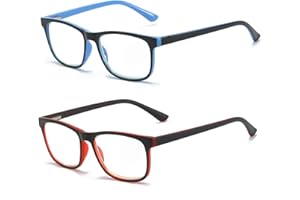 ‎MMOWW MMOWW 2er-pack Lesebrille Damen und Herren - Anti-blaue Computerbrille mit Federscharnieren (Rot + Dunkelblau, 3,0)