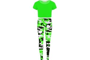 janisramone Kids Girls New Plain Short Sleeve Crop Top Army Camo Leggings Summer 2 Pcs Dance Set 7-13 Years