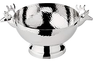 EDZARD Bol/Tazón a pie Alce, Forma Redonda, Martillado, con Asas de Cabeza de Alce, acero Inoxidable niquelado, Longitud 28 cm