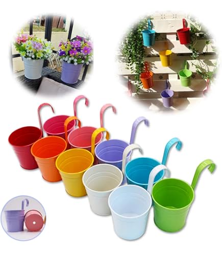 Set Di 4 Vasi Da Fiori In Metallo Da Appendere, Mini Cestini Con Manico Rimovibile, Foro Di Drenaggio, Colori Assortiti (rosa, Giallo, Blu, Verde), Per Piante, Balconi E Decorazioni Esterne - 6