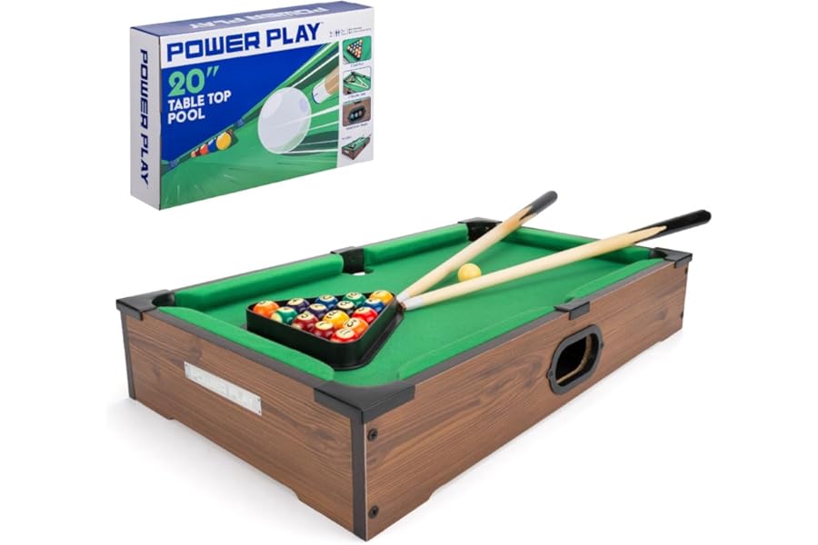 Power Play Pool Table Game, Portable Wooden Classic Games Table, Indoor Outdoor Game for Kids and Adults, Brown 20inch