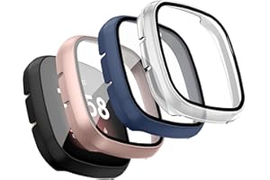 Oumida [4 Pack] Hard PC Cases for Fitbit Versa 3 Screen Protectors & Fitbit Sense Cases with Tempered Glass, Full Hard Scratch Resistant Bumper Protective Replacement Cover for Sense/Versa 3
