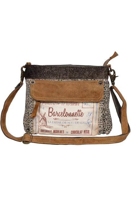 Myra Bag La Farine Upcycled Canvas & Leather Crossbody Bag – Small Brown Purse, Unique Eco-Friendly Design