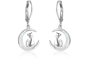 YFN Pendientes de gato en plata de ley con diseño de luna de ópalo para niñas, Plata de ley, Opal,