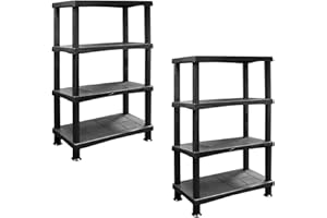 Khanary 2 Pack 4 Tier Plastic Shelving Unit Storage Racking Shelves Home Garden Garage Shed Utility Room Warehouse Shelving (2 Pack 4 Tier Plastic Shelves Black)