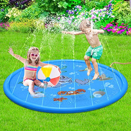 Xchingwan Sprinkler Pad, Splash Play Mat - Juego al Aire Libre Espolvorear Spray Pad Juguetes para niños Bebés Niños Chicas Niños, 68 '' Patio de Verano Inflable Vadear Juguetes para Piscinas (Azul)