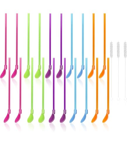 12 stuks rietlepels, 2 in 1 lepelrietjes, herbruikbare plastic rietjes, lepels met 2 reinigingsborstels, latte macchiato lepel, lepelrietjes voor latte milkshakes cocktail