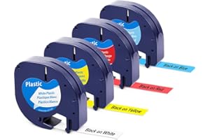 Aken Compatibile Dymo Letratag Nastro per Etichette Plastica 12mm x 4m per Dymo Letratag Etichettatrice LT100H LT100T LT110T XR, in sostituzione di Dymo LetraTag Cartucce Bianco/Rosso/Giallo/Blu