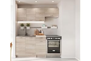 JUANIO Cocina Completa L 180cm 5 Elementos Color Roble Sonoma con encimera incluida Mila