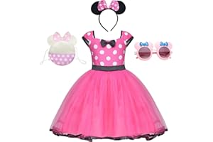 Ansamy Disfraz de Minnie Mouse para Niñas, Rosa Vestido de Princesa Tutú de Lunares Blanco de Fiesta Cumpleaños, Carnaval, Bailarina, Minnie Diadema con lazo + Bolsa Mickey Mouse + Gafas