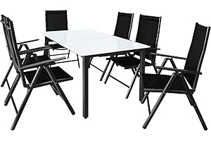 Casaria® Gartenmöbel Set 6 Stühle mit Tisch 150x90cm Aluminium Sicherheitsglas Wetterfest Klappbar Modern Terrasse Balkon Möbel Sitzgruppe Garnitur Bern