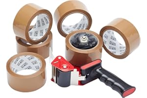 Fit For The Job Brown Parcel Tape Gun and Dispenser - Heavy Duty Packing Tape Dispenser for Efficient Sealing and Packing Needs - 6 Rolls