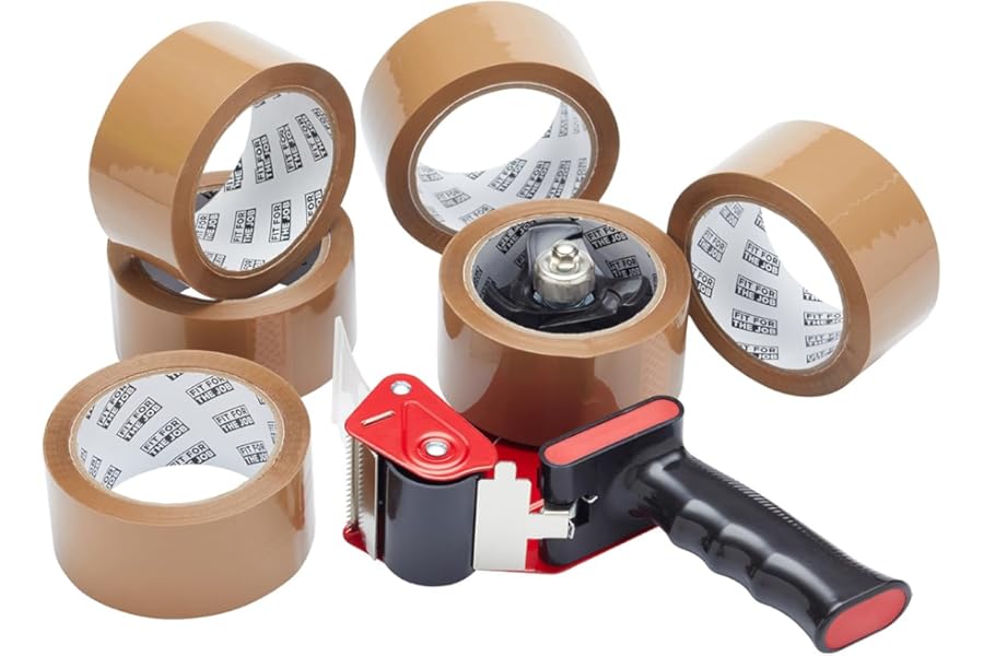 Fit For The Job Brown Parcel Tape Gun and Dispenser - Heavy Duty Packing Tape Dispenser for Efficient Sealing and Packing Needs - 6 Rolls