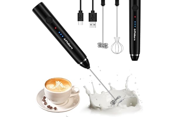 Philorn Mousseur à Lait Portatif à Double Fouet, Mousseur à Lait Rechargeable USB à 3 Vitesses, Mini Fouet Electrique Manuel Pour Café/Latte/Cappuccino/Fouetter Les œufs (Noir)
