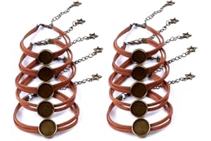 PVEATH 12 Stück Armband-Lünetten-Einstellungen, Lederarmband mit blanko Cabochon-Lünette, verstellbares Seil-Armband für Damen und Herren, Foto, Handwerk, DIY, Schmuckherstellung, Braun