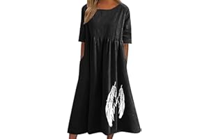 Zeiayuas Cotton Linen Dresses for Women T Shirts Summer Midi Dress Short Sleeve Round Neck Long Dress Ladies Beach Loose Solid Color Casual Dresses UK Plus Size 8-22