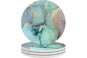 Haocoo Round Drink Coasters set of 4 - Absorbent Stone Coaster Set with Cork Base and Ceramic Stone, Decorative Cup Coasters for Kinds of Mugs and Cups…(Green Paint)