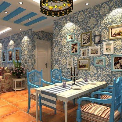 European Style Damascus Flocking, Embossed Non-Woven Fabric, Wallpaper, Bedroom, Living Room, Tv Background, Wall Wallpaper,Bluish Green