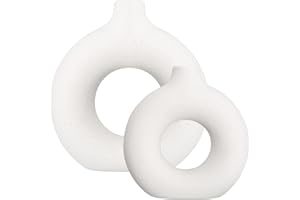 LoQuick Keramik Vase, Set of 2 Weiße Blumenvasen aus Keramik, Vase für pampasgras, Donut-vase Runde Form Modern Vase, Trockenblumen Deko Vasen für Tischdecko, Runde Matte Vasen für Home Office Dekor