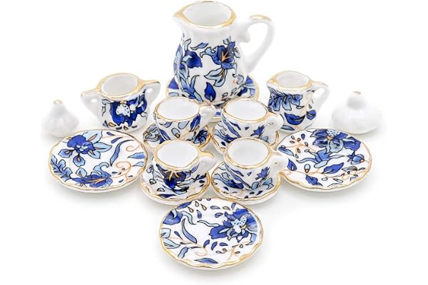 Odoria Miniature 1/12 Service a Thé en Porcelaine Accessoire Maison de Poupée, Bleu