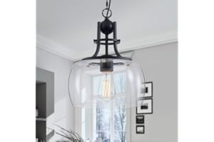 WUZUPS araña rústica casa de campo industrial techo redondo colgante led lámpara con pantallas de vidrio transparente para comedor cocina isla vestíbulo entrada, H 33 W25, Negro