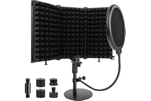 Rigych Microphone Isolation Shield with Pop Filter and Mic Stand, Sound Proof Mic Isolation Shield, High Density Absorbent Foam Microphone Stand for Recording Studio Vocal Booth Equipment (3 Panels)