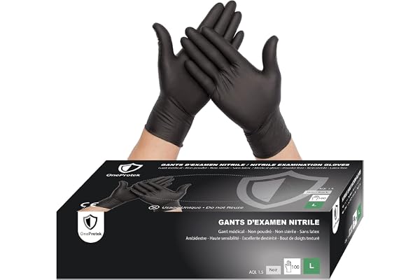 OneProtek Gants jetables noir en nitrile - Boîte de 100 Gants Nitrile - Taille L (Grande) - Sans latex - Résistants et Multi-usages - Protection contre les produits chimiques