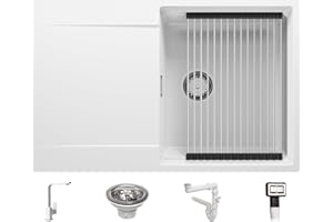 Evier Cuisine en Granit Blanc, 78 x 50 cm, Lavabo 1 bac + Mitigeur + Kit de Vidage + égouttoir enroulable, Évier à Encastrer de Primagran