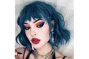 PARXITN Kurze Bob Perücke mit Pony Natürliches Dunkel Blau Synthetisches Haar Bunt Täglich Party Halloween Cosplay Gewellte Lockige Perücken für Frauen