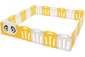 Joyz Baby Lekhage 240×240 cm Hopfällbar Barnhage med Dörr och Interaktiv Lärande Klocka Panda-Design Vit-Gul Plastgrind för Barn Inomhus och Utomhus Säkerhetsbarriär Babystaket Krypgrind för Småbarn