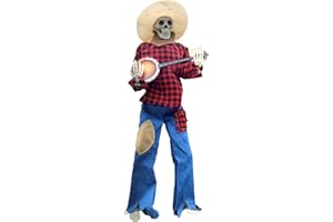 YEJAHY Halloween Animierte Banjo-Skelette,Halloween Lustige Schädel Gitarren Harz Ornament,Verstellbaren Gelenken,Halloween Herbst Innendekor (Rot)