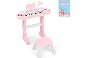 KOMFOTTEU 37 Tasten Kinderklavier Set, Elektronisches Klavier mit Lichteffekten und verstellbarem Mikrofon, Klaviertastatur inkl. Hocker, Keyboard 8 Rhythmen/Töne für Kinder 3+ Jahre (Rosa)