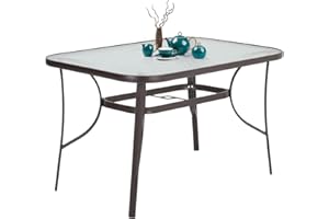 DKIEI 120x80cm Rectangle Outdoor Table Coffee Table Patio Table Garden Dining Table Steel Frame Tempered Glass Table Top with Umbrella Hole for Yard Bistro Lawn Balcony, Brown