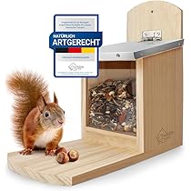Whesamy Eichhörnchen-Futterstation Aus Holz - Mit Maiskolbenhalter, Grünes Dach